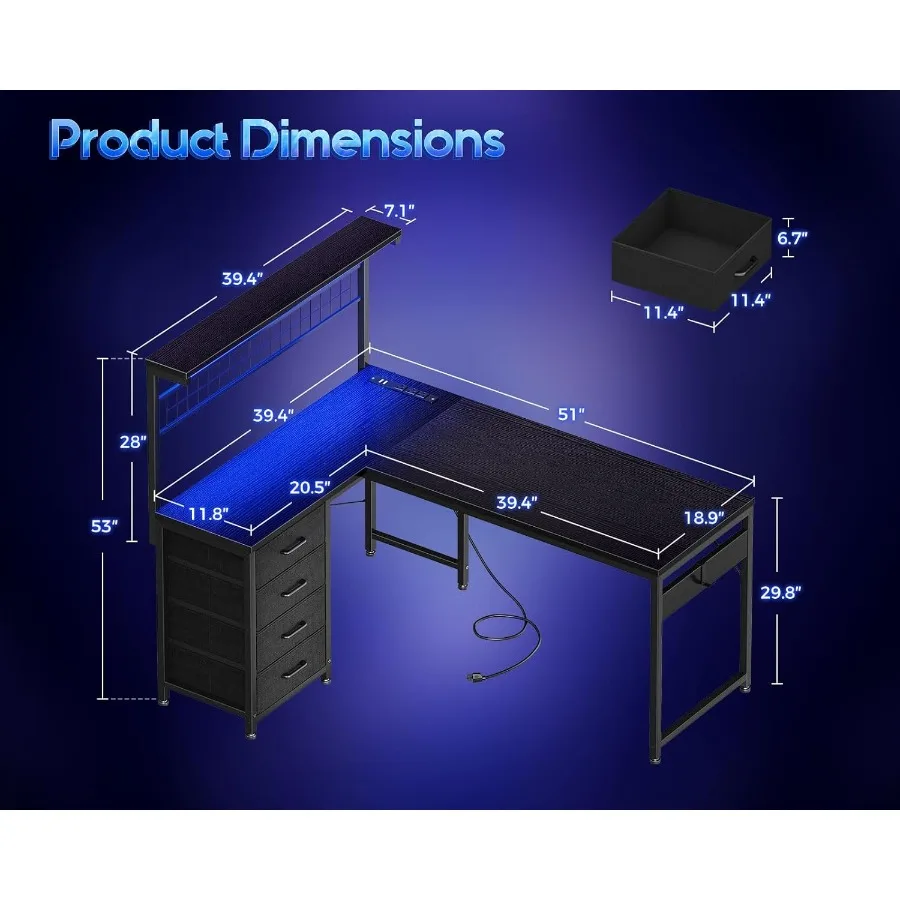 L Shaped Gaming Desk with Shelf 4 Drawers 51 Reversible Computer Desk with LED Light Home Office Table with Hutch and Hook Blac