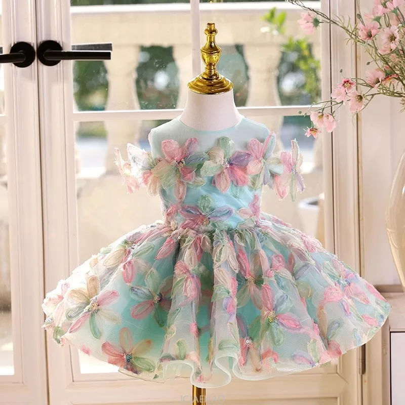 

Wed Dress 2025 Kids Princess Girls First Year Birthday Gown Performance Formal Wear Costume Pageant Host Outfit Piano Recital