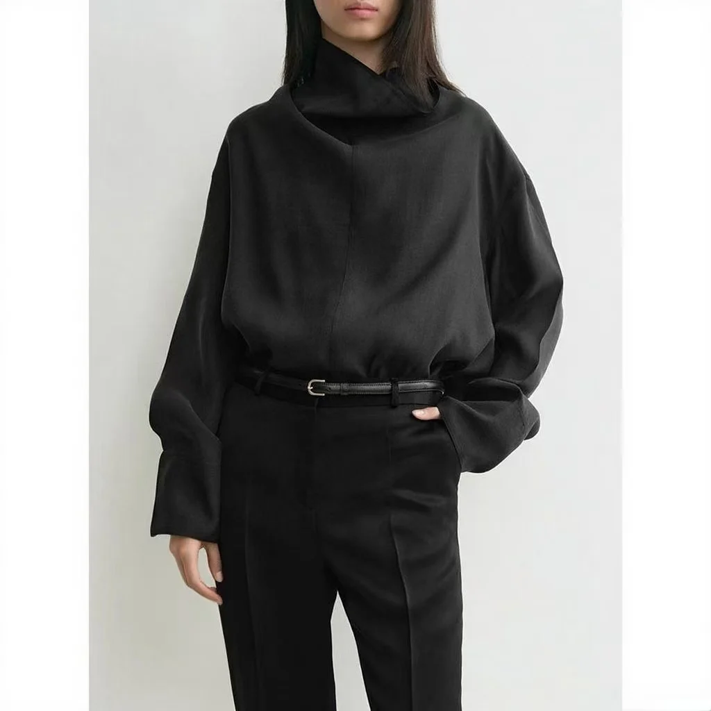 2025 novo estilo camisa de gola empilhada feminina solta de manga comprida com colete pequeno