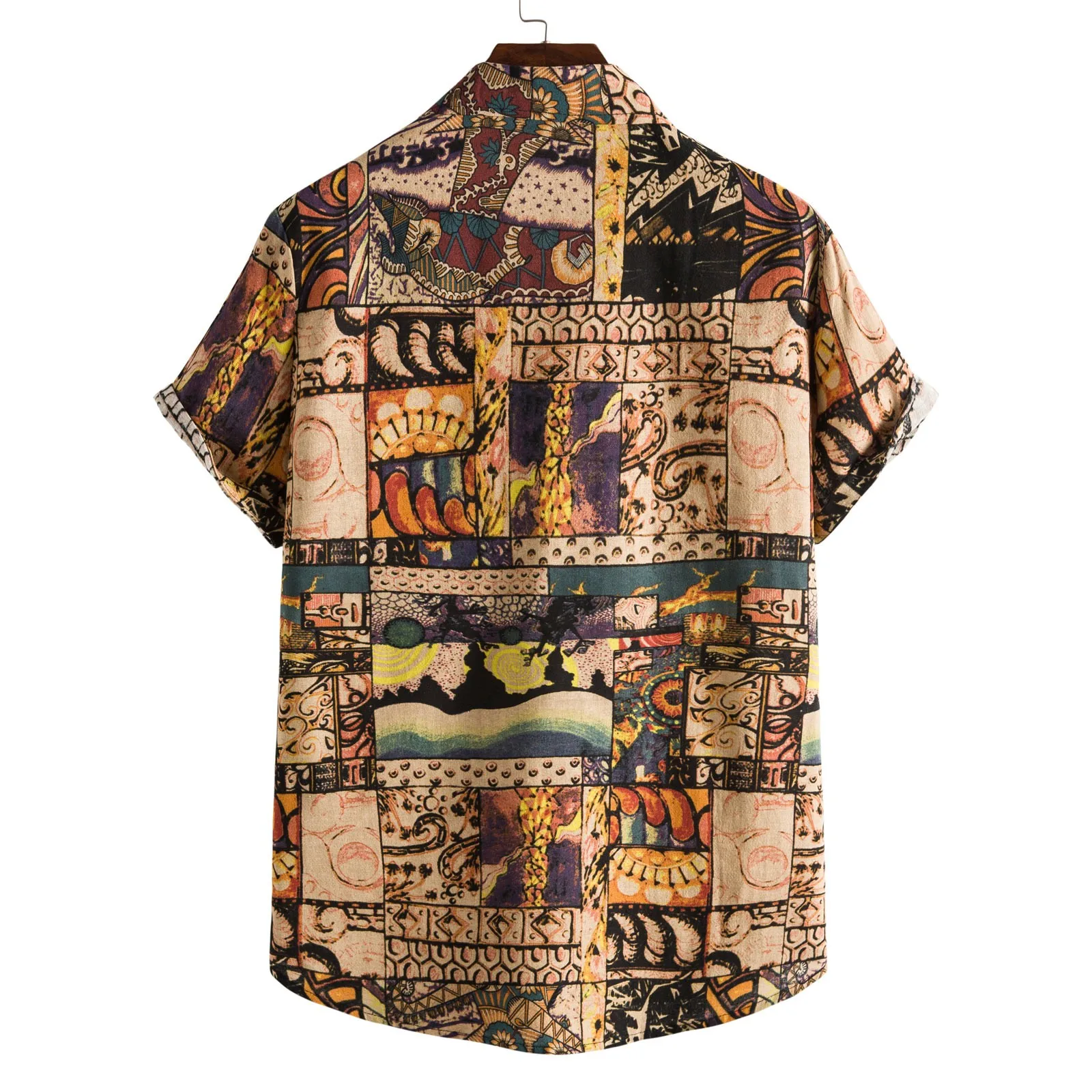 Fashion Men Ethnic Shirt Short Sleeve Casual Printing Hawaiian Camisas Blouse Turn-Down Collar One Button Wild Shirts Top