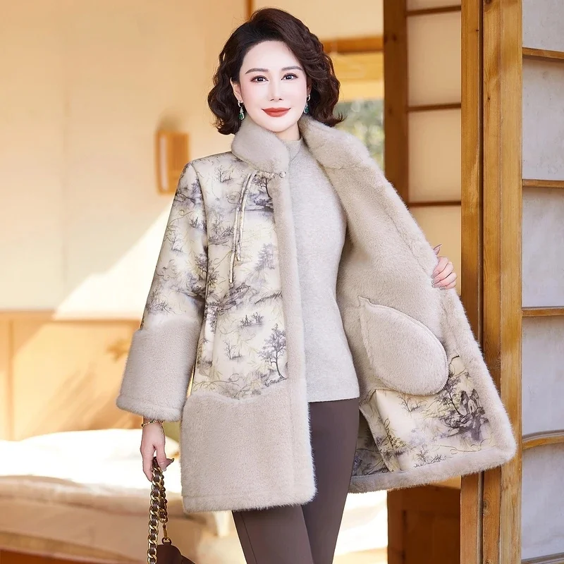 Korean Women Long Sleeves Faux Fur Jacket Winter Lady Double Sided Fur Coat Middle Aged Mother Large Size XXXL Plush Outwear