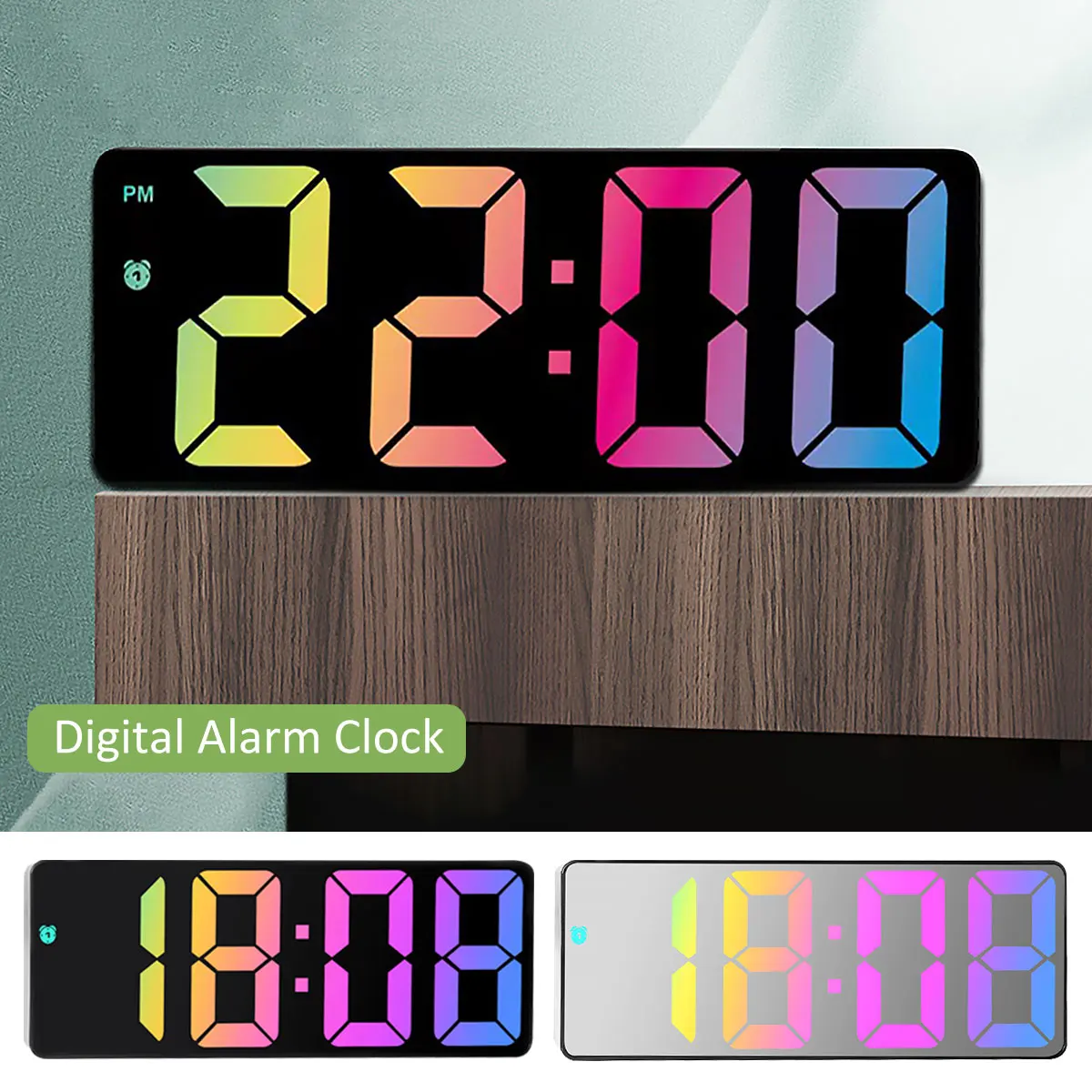 Digital alarm clock, color LED, electronic clock, USB/battery powered 3 adjustable brightness, 5 mode voice control reusable