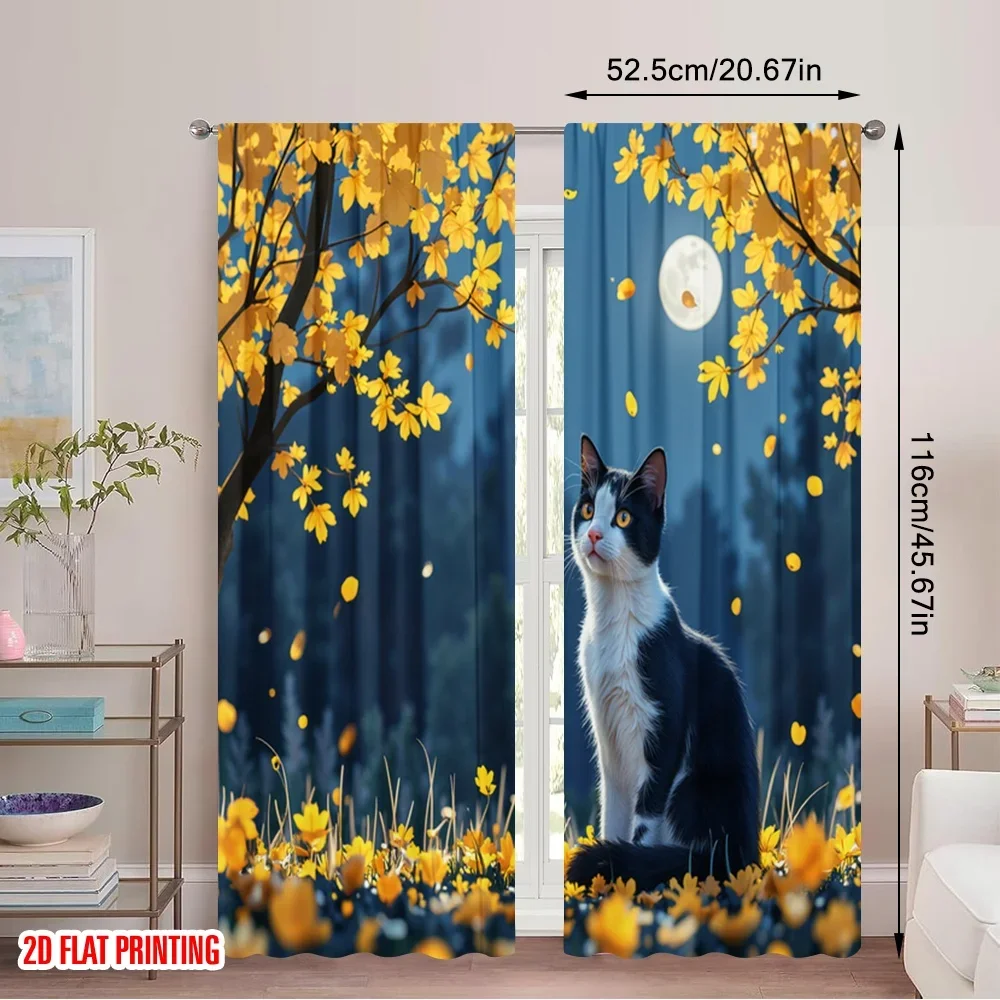 2pcs 2D flat printing Window Treatment Curtains Cats staring in the quiet moonlight Polyester Fabric Without Electricity Festive