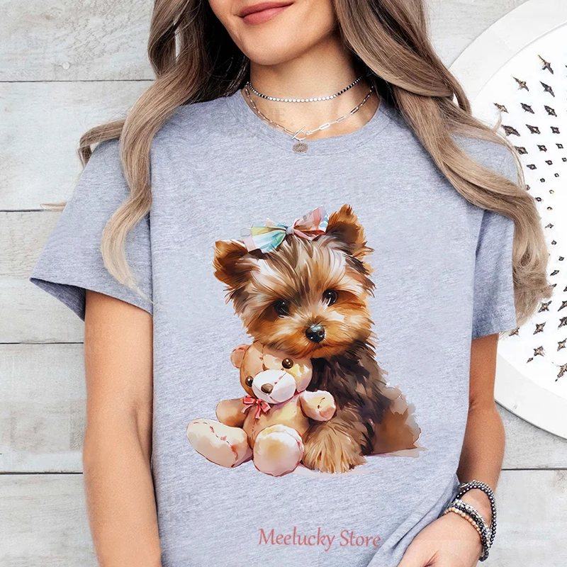 

Cute little dog, beautiful illustration, printed pattern, women's summer round neck design, short sleeved