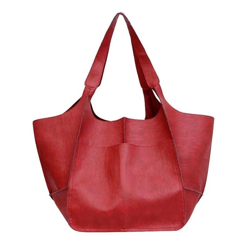 

Casual Soft PU Tote Bag Multi-Pocket American Style Large Capacity Shoulder Bag Solid Color Rretro Versatile Commuting Handbag