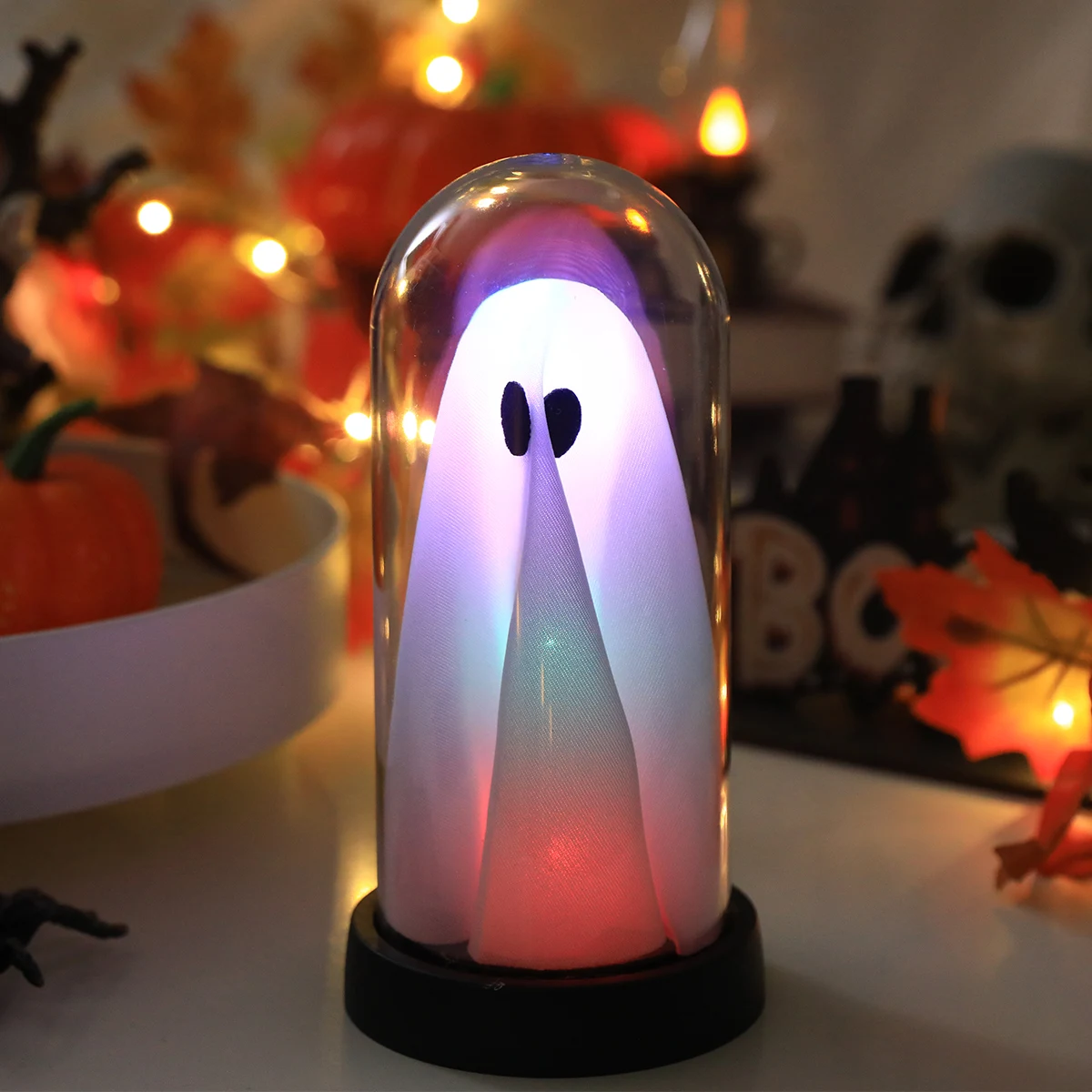 Novelty Light-Up Ghost Glass Dome LED Lamp, Unique Spooky Warm Light Table Decor for Halloween Home Desktop Party Holiday Gift