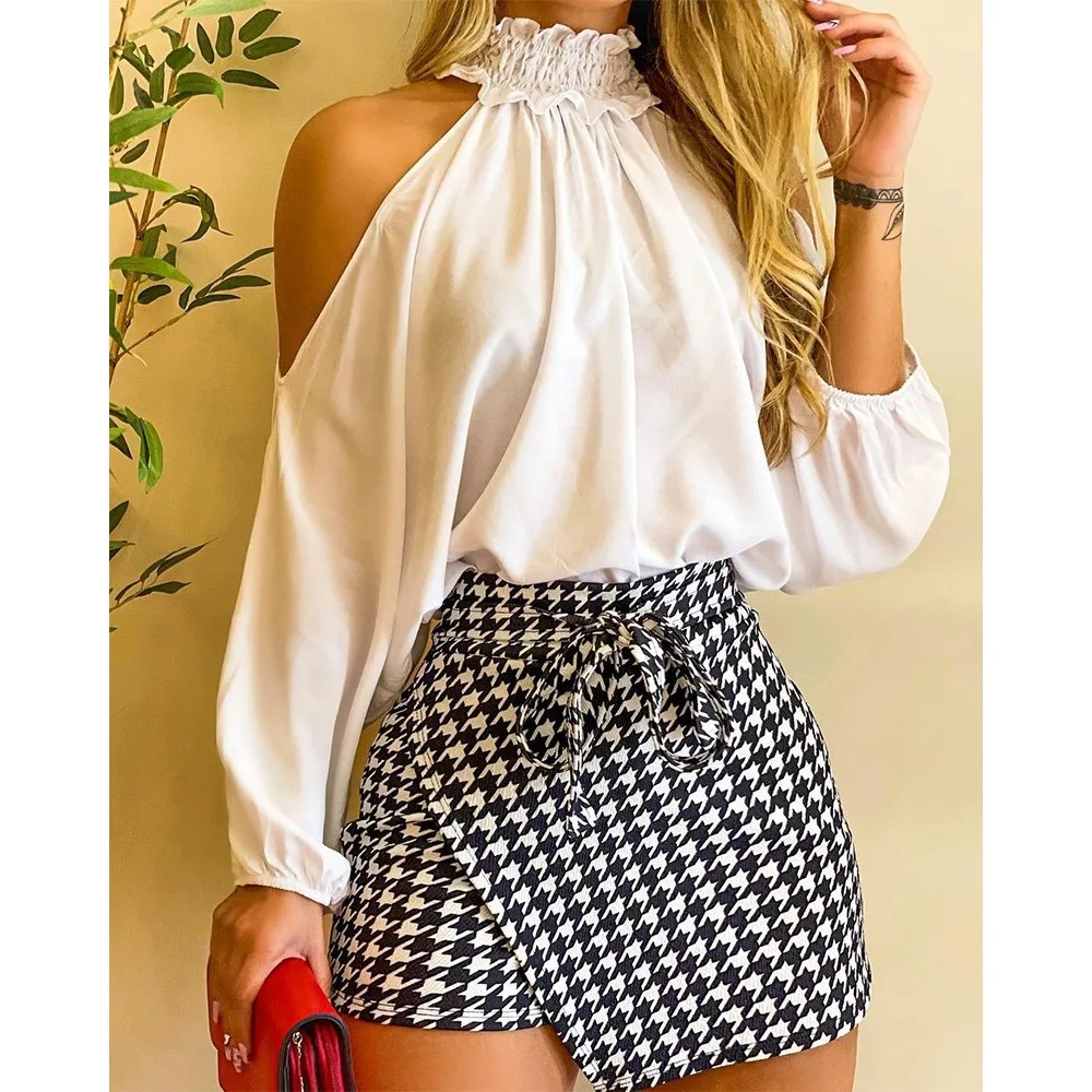 Elegant Office Skirt Sets for Women, Sexy Off Shoulder Sleeve Loose Shirts, Lace-up Mini Shorts, 2-Piece Suit, Autumn, 2023