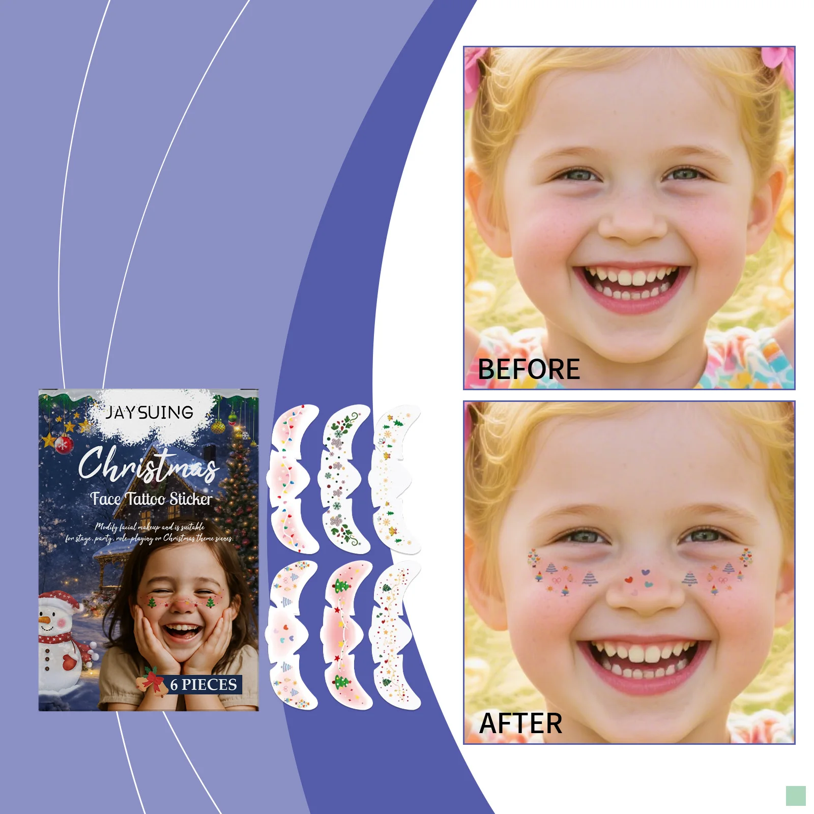 

6Pcs Christmas Face Tattoo Stickers Waterproof Temporary Tattoos for Face, DIY Party Makeup Glitter Decals for Festival