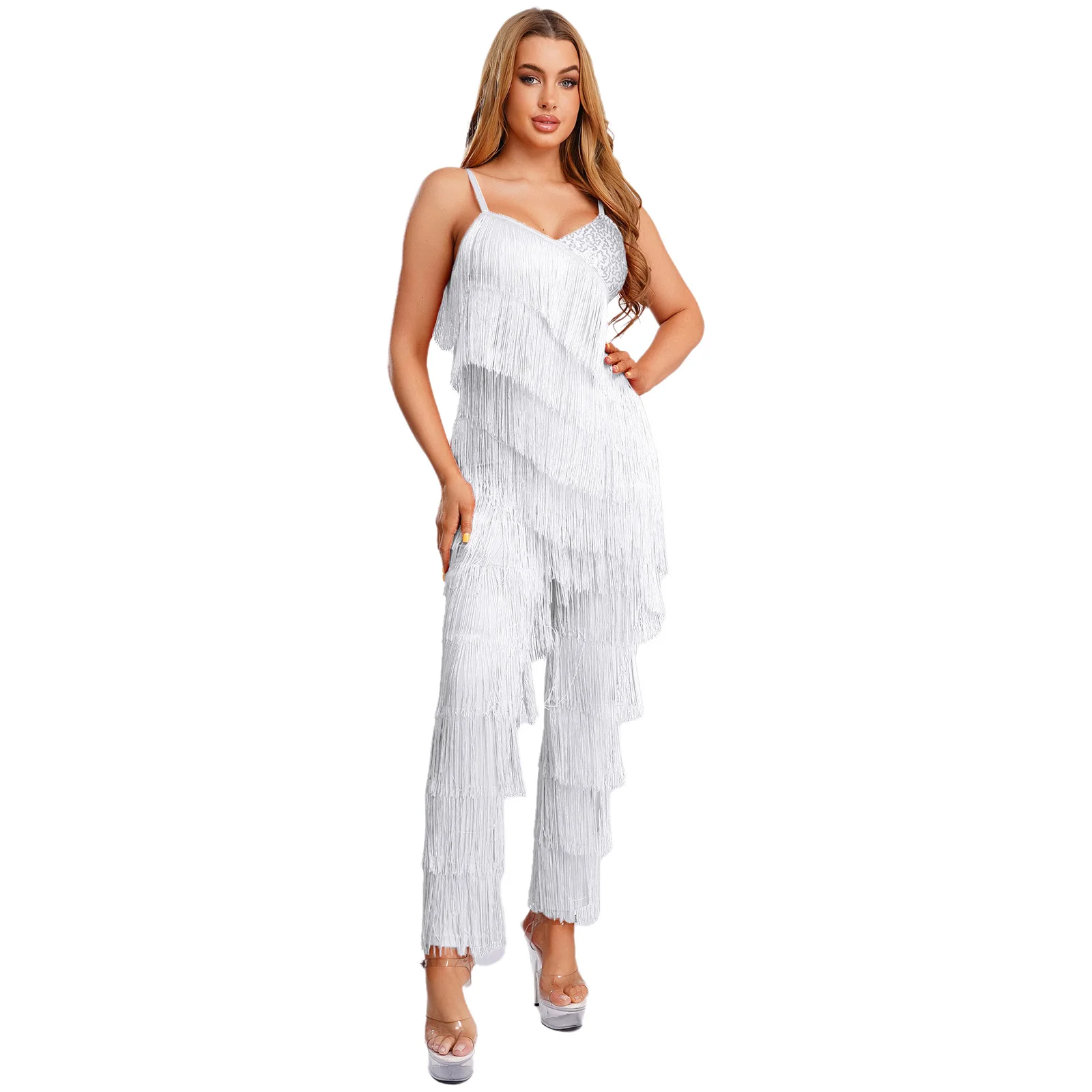 Tuta da donna con frange da ballo latino tango con paillettes a strati con nappe Cami pagliaccetti pantaloni lunghi tuta per abiti da ballo cha-cha salsa