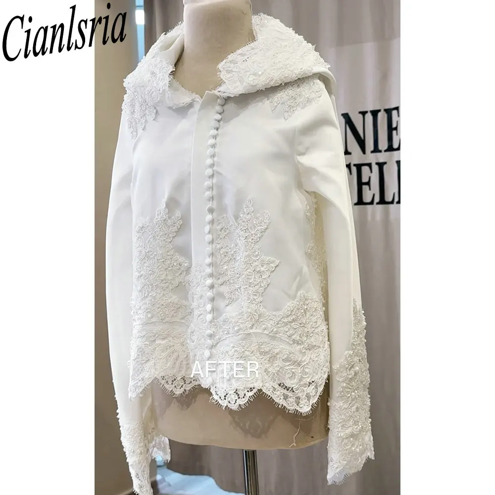 White Lace Pearls Hooded Satin Short Bridal Cape Jacket Button Wedding Coat Long Sleeve Bridal Cover for Bridal Party