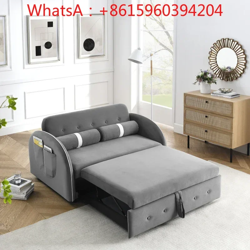 Pull Out Sleep Velvet Sofa Bed 2 Seater Loveseats Sofa，Couch With Side Pockets, Adjsutable Backrest and Lumbar Pillows