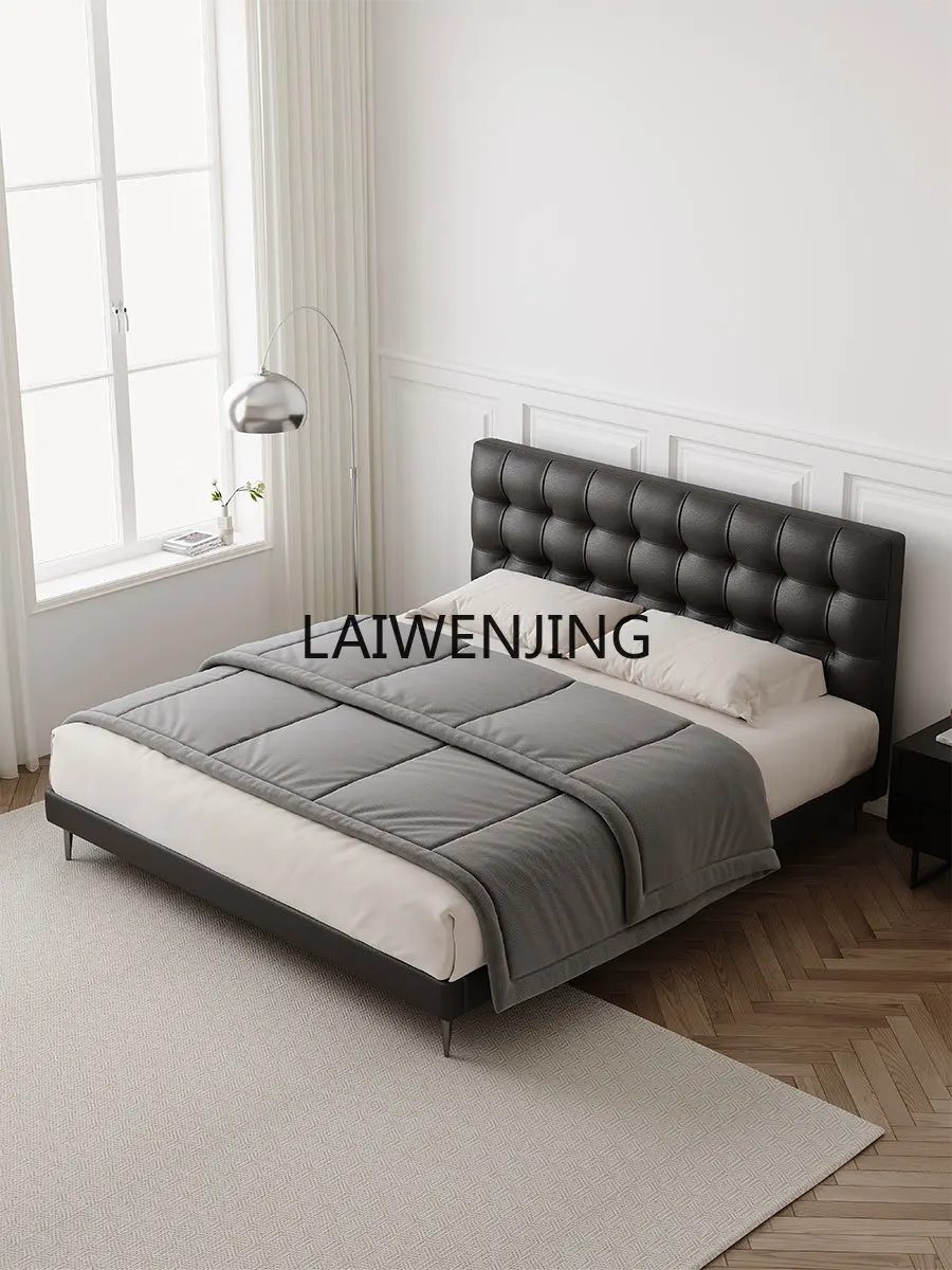 

MJY double bed high PC and console game bedroom flush edge Italian minimalist waffle black leather bed