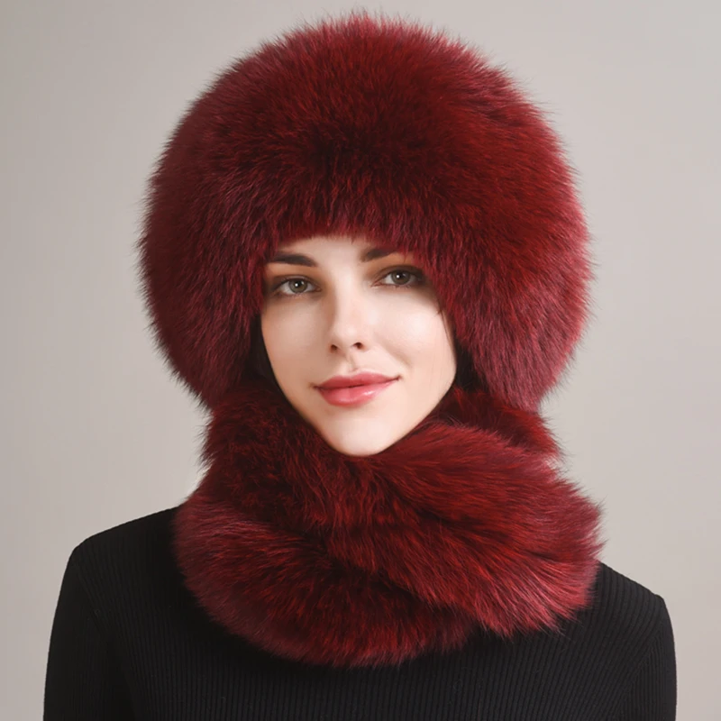 Women\'s Winter Hat With Real Natural Fox Fur Surround Extra length Can Be Used As A Scarf With Hanging Chain In The Back Caps