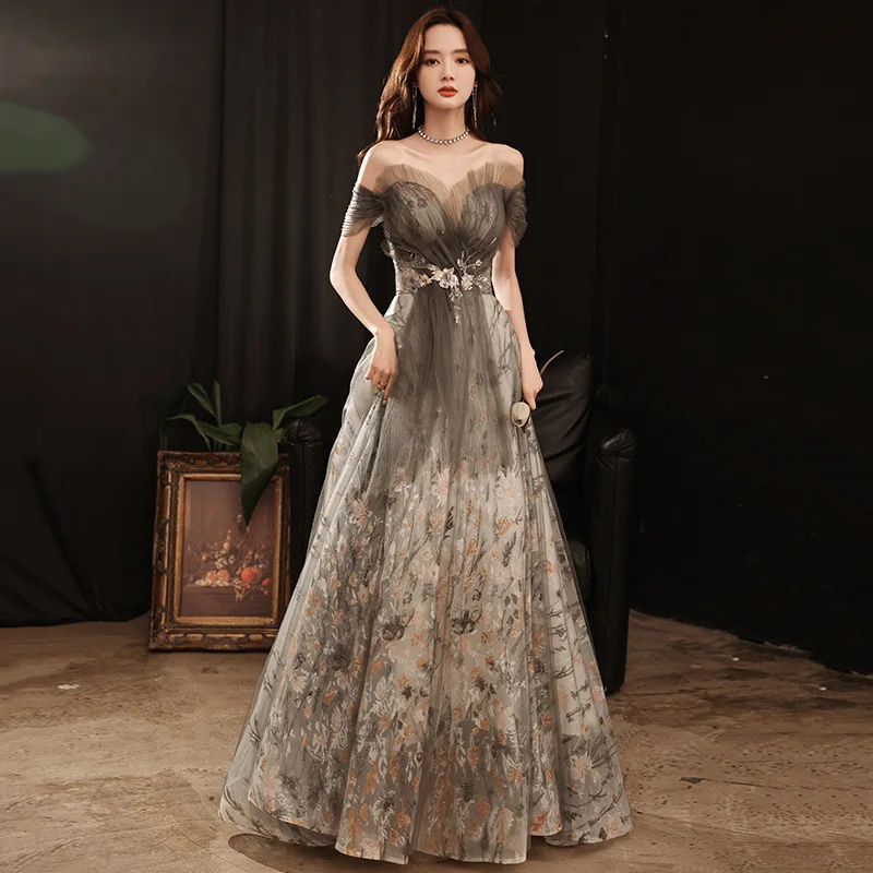 

French Style Evening Dress Boat-Neck Tulle Embroidery Applique Luxury Texture Floor-Length Party Dresses Fashion Elegance Gown