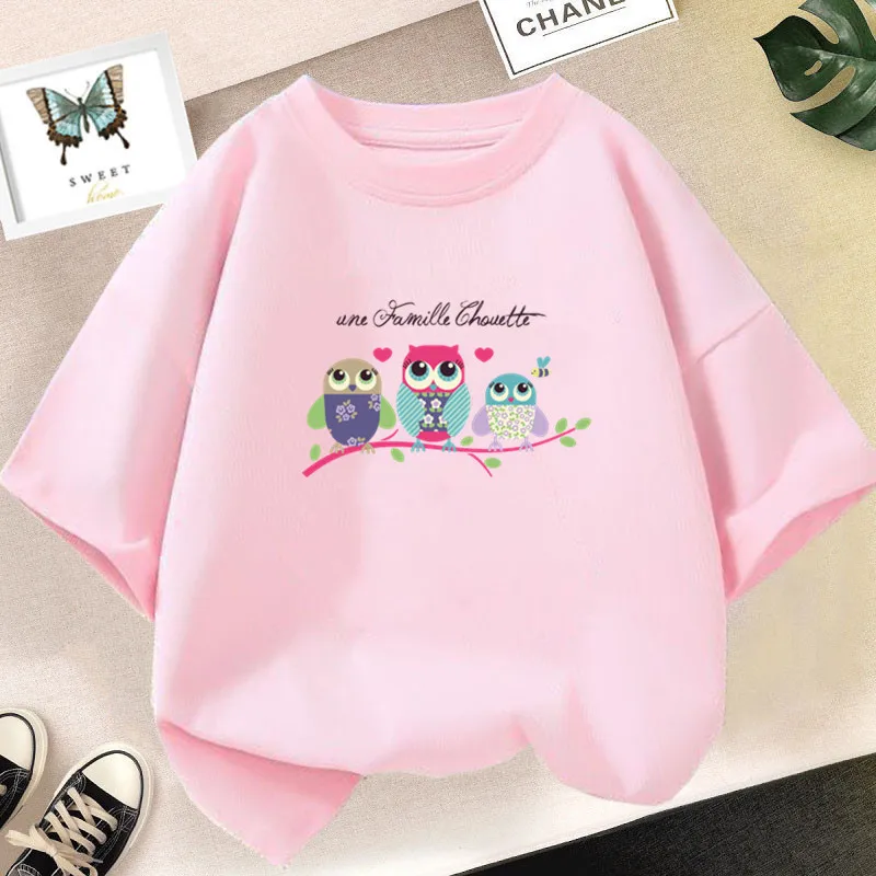Kawaii Family Owl Tree Cartoon Graphic T-shirt Girls Fashion Cute Summer Tops Kids Short Sleeve Cartoon Clothes