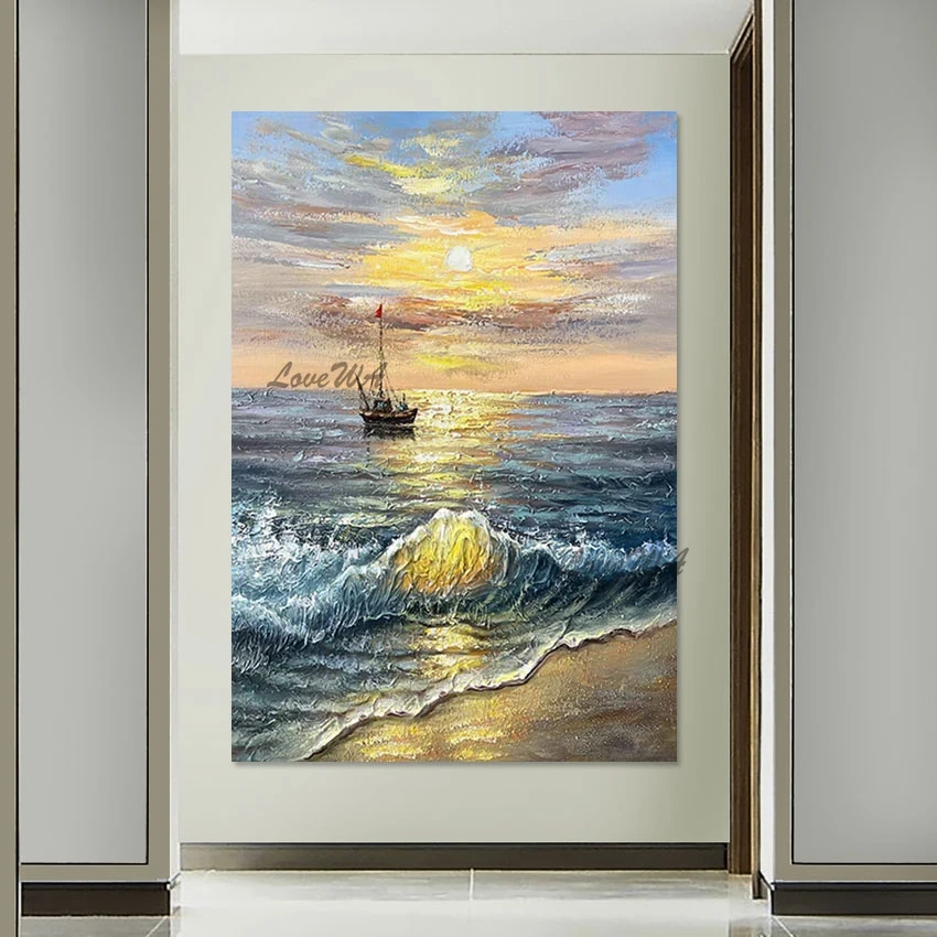 Beautiful Sea Sunset Thick Texture Abstract Boat Oil Painting Palette Knife Modern Art Picture Home Decoration Wall Canvas