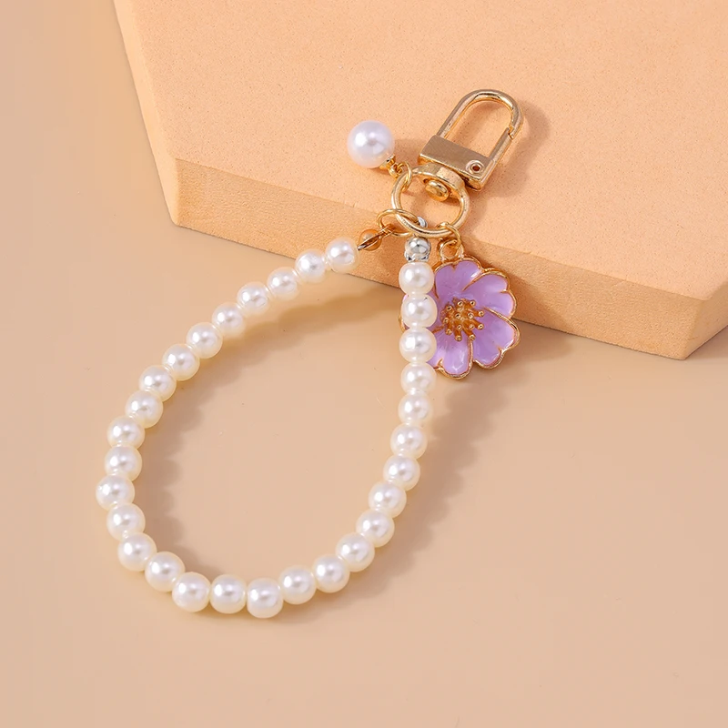 Fashion Imitation Pearl Handmade Beads Keychain Enamel Flower Charms Keyrings for Women Men Car Key Handbag Key Chains DIY Gifts image 5