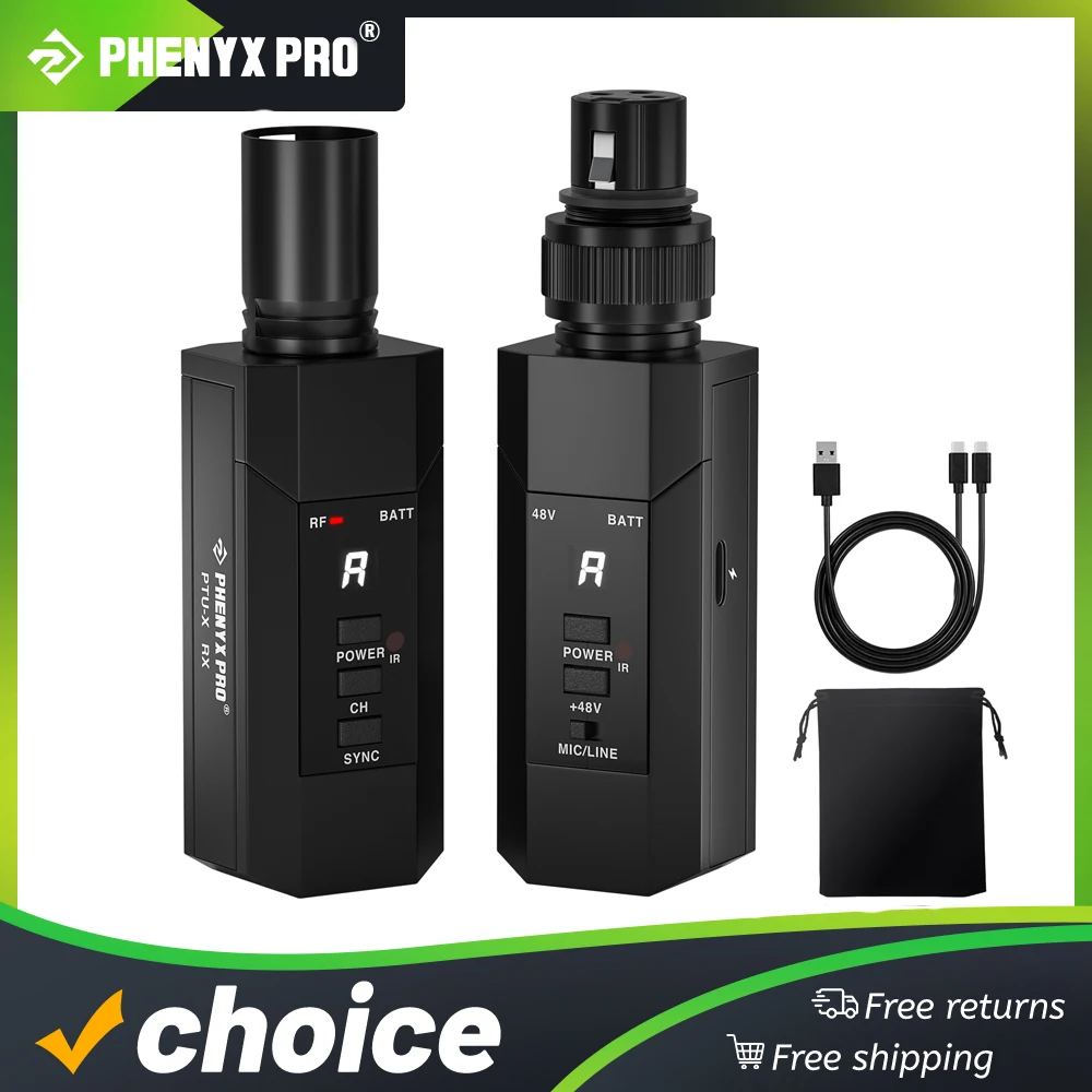 Phenyx Pro PTU-X Plug-on XLR Wireless Transmitter Receiver System, Wired-to-Wireless XLR Microphone Adapter, 16 UHF Frequencies