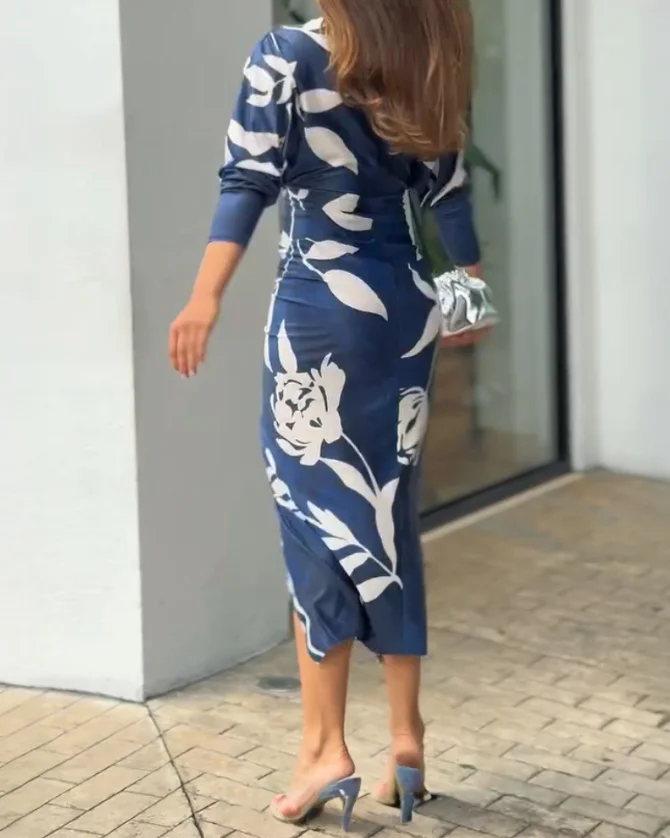 Damen 2025, Sommer-Blumendruck, plissiert, V-Ausschnitt, lange Ärmel, Partykleid, sexy Schlitz, schmale Passform, Sommer-Damen, sexy, figurbetontes Kleid