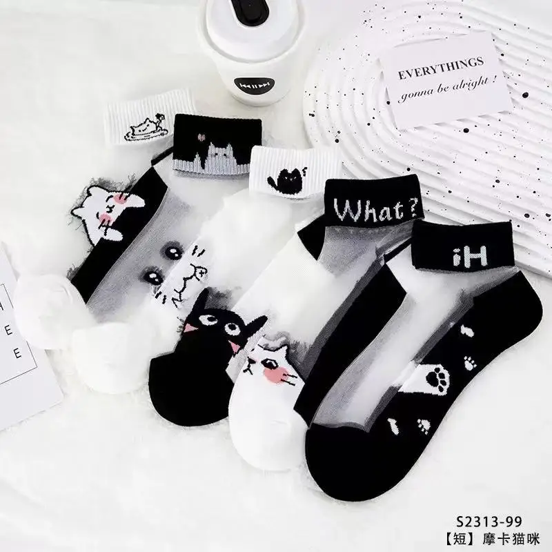 

5Pairs/lot Summer Socks Black and White Cat Glass Silk Breathable Female Socks Simple Short Socks