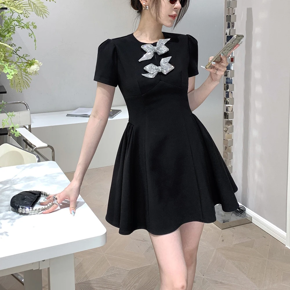 

Women's Bow Rhinestone Embellished Dress,Commuter,Stretch,Slim,Pleated,Waisted,Round Neck,Short Sleeve,Summer,New,Y2k,2024