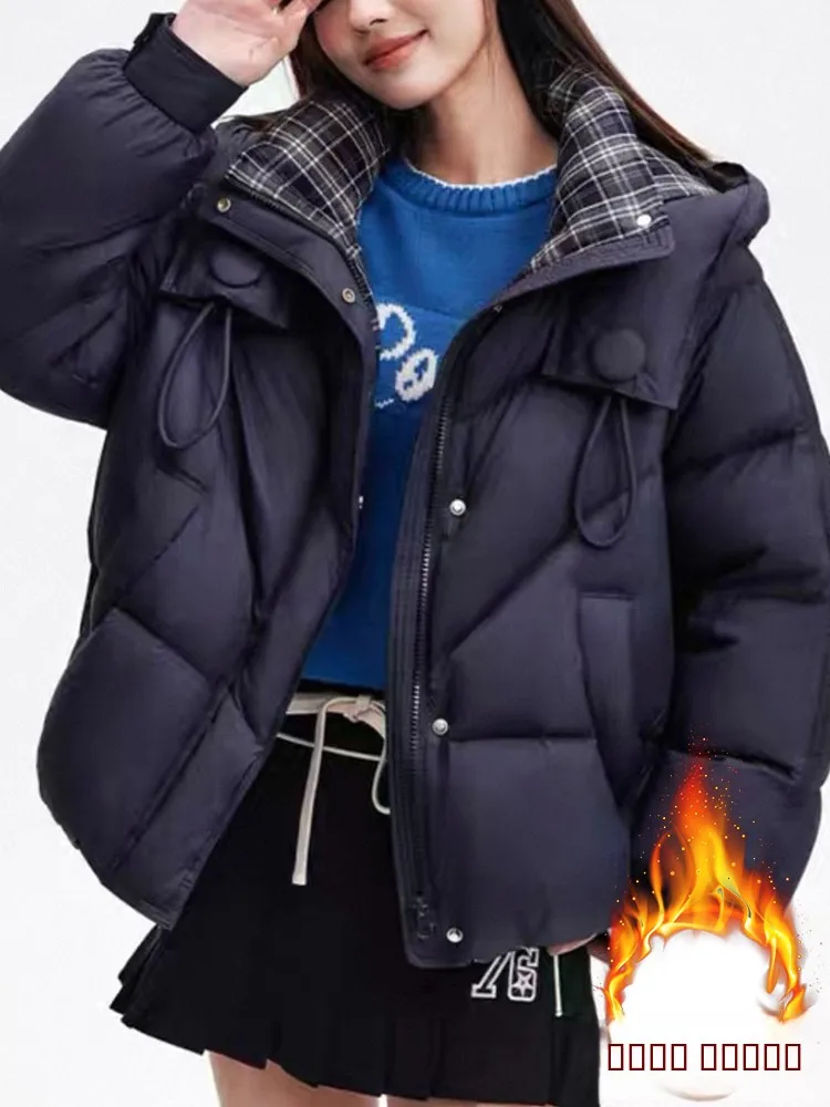 

2026 Winter New Faion Casual down Cotton Jaet Women ort Hooded Fce Lined Thi Warm Outerwear Korean Sle Loose Fit