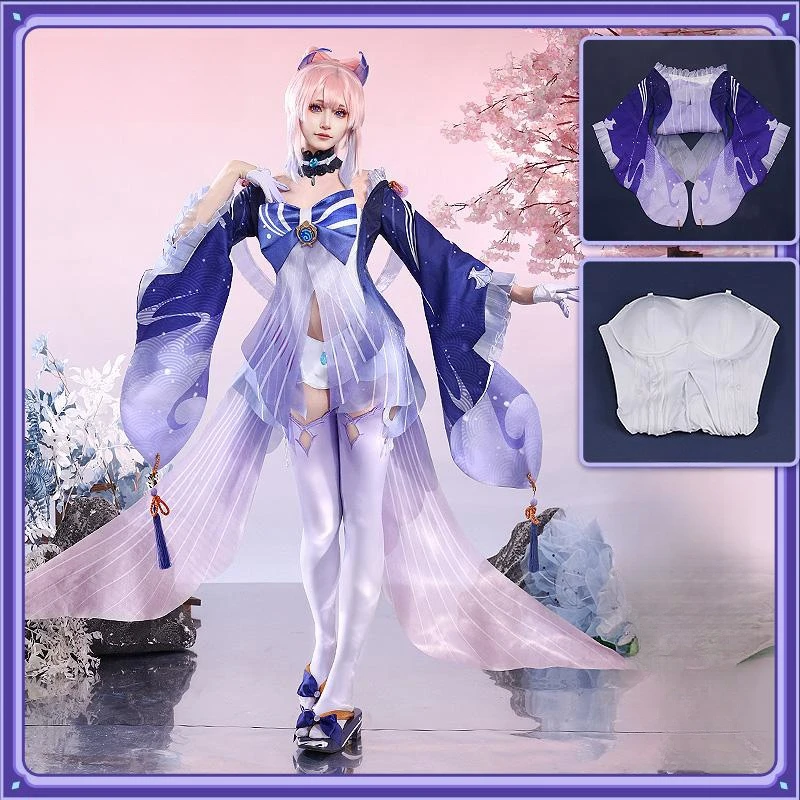 Costume de Cosplay Sangonomiya Warriomi, ensembles de robe, perruque et chaussures, jeu Genshin Impact