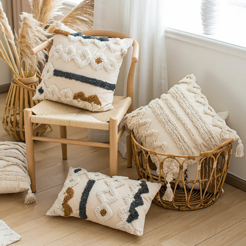 

30x50/45x45cm Bohemian Handmade Tufted Embroidered Pillow Cover Decorative Cushion for Sofa Bed Hotel Window Seat Home Decor