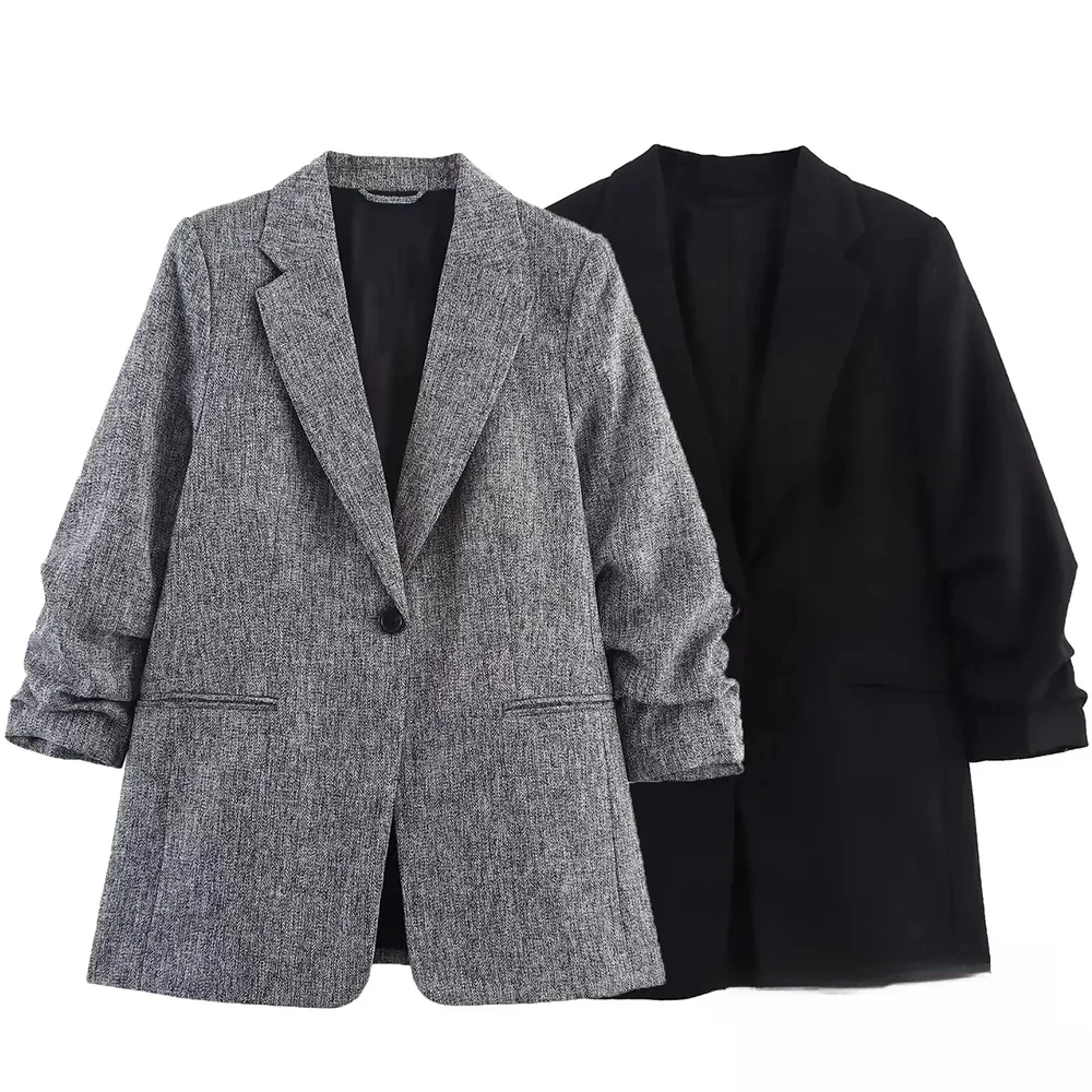 KONDALA Schwarzer Damen-Blazer mit einem Knopf und plissierten Ärmeln, Blazer, Neu, 2025, Herbst-Winter-Mode, Pendeln, Interview, lässiger Blazer