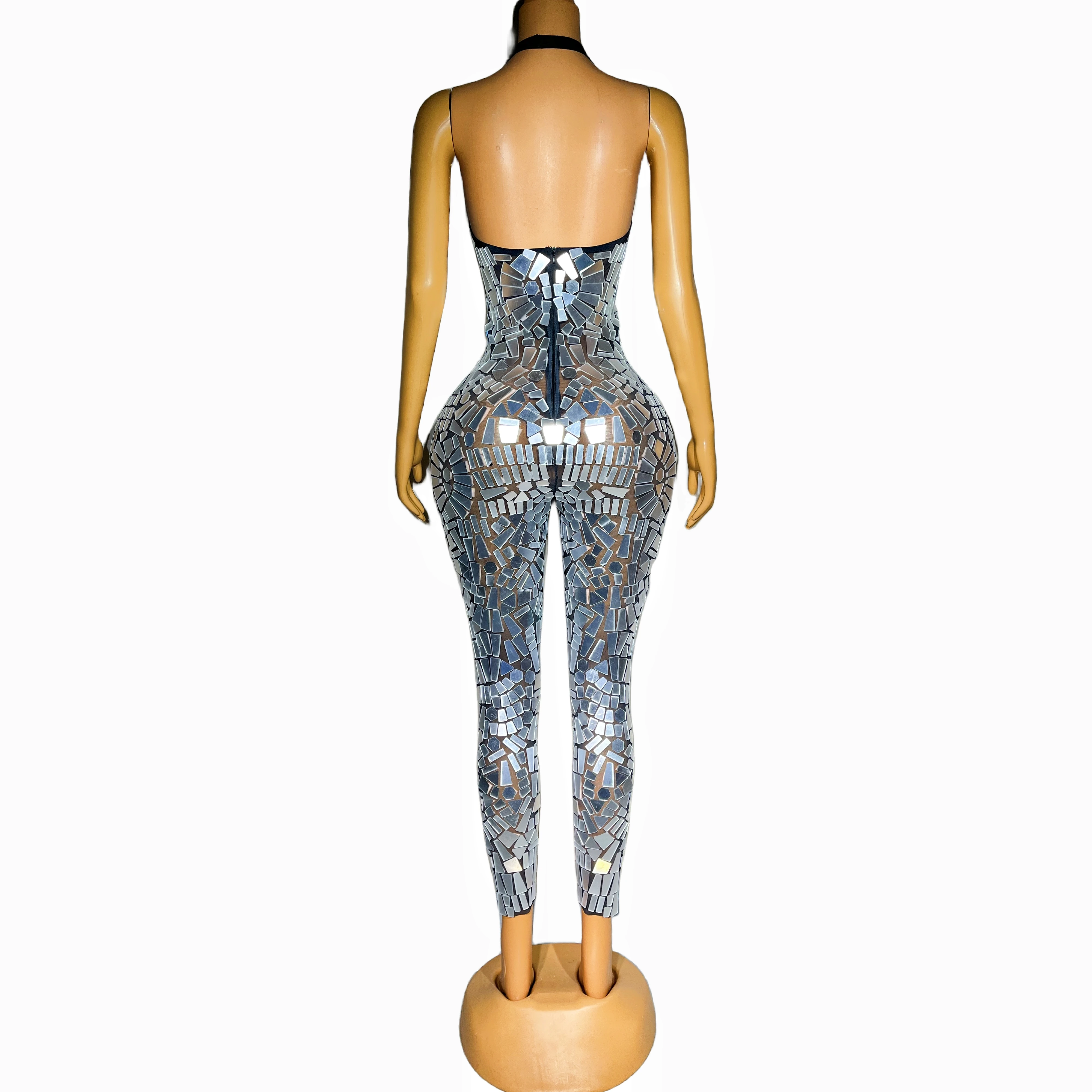 Design sensual silver mirror halterneck backless jumpsuit birthday celebration see-through onesuit prom party jingquan