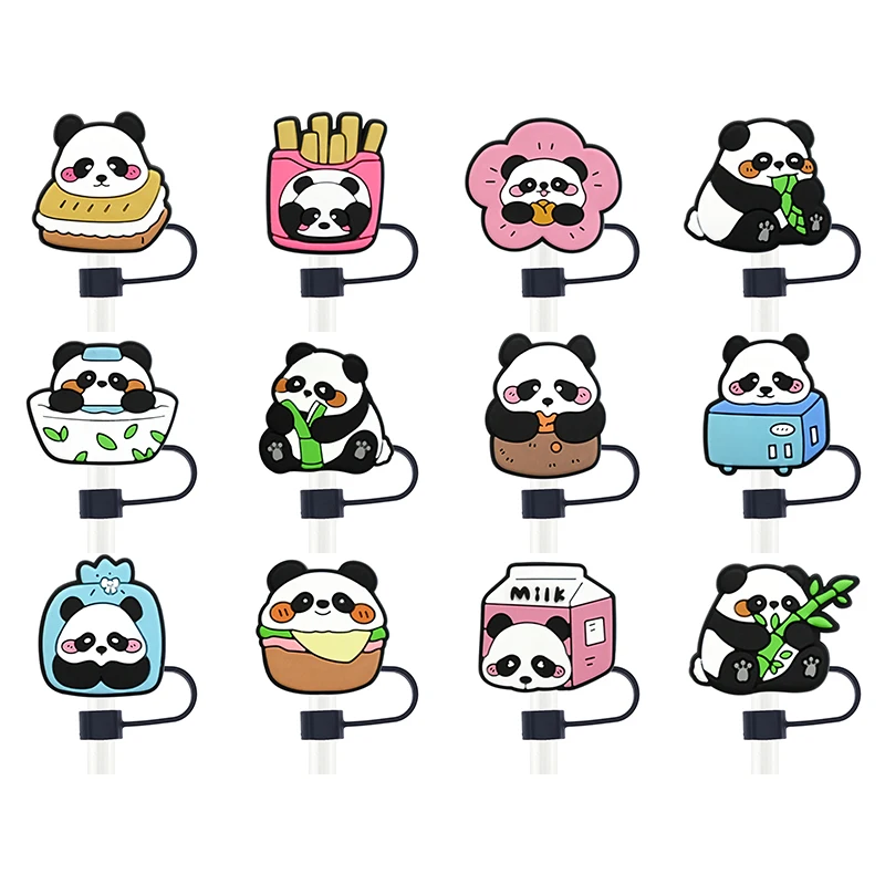 Hot Toys Panda Baby Straw Lid 10MM Beverage Straw Stopper Reusable Splash proof Beverage Adhesive Cup Straw Lid Pendant Gift