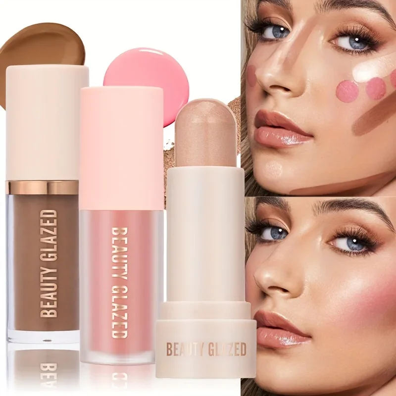 3pcs Face Highly Pigmented Liquid Contour Makeup Set,Long Lasting Natural Contour Contouring Bronzer (Contour+Blush+Highlighter)