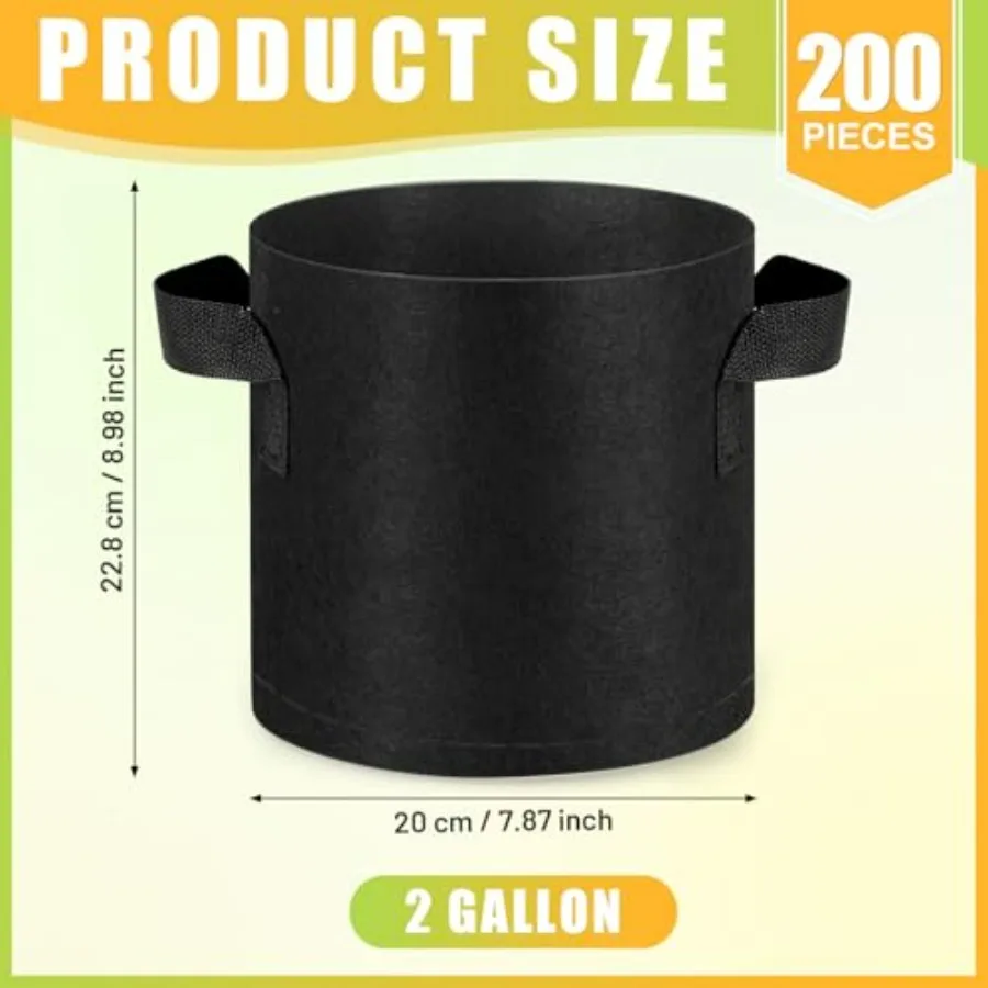 200-Pack Garden Grow Bags for Vegetables, Fruits, Flowers 2-Gallon Aeration Fabric Pots with Handles, Thickened Nonwoven Materi