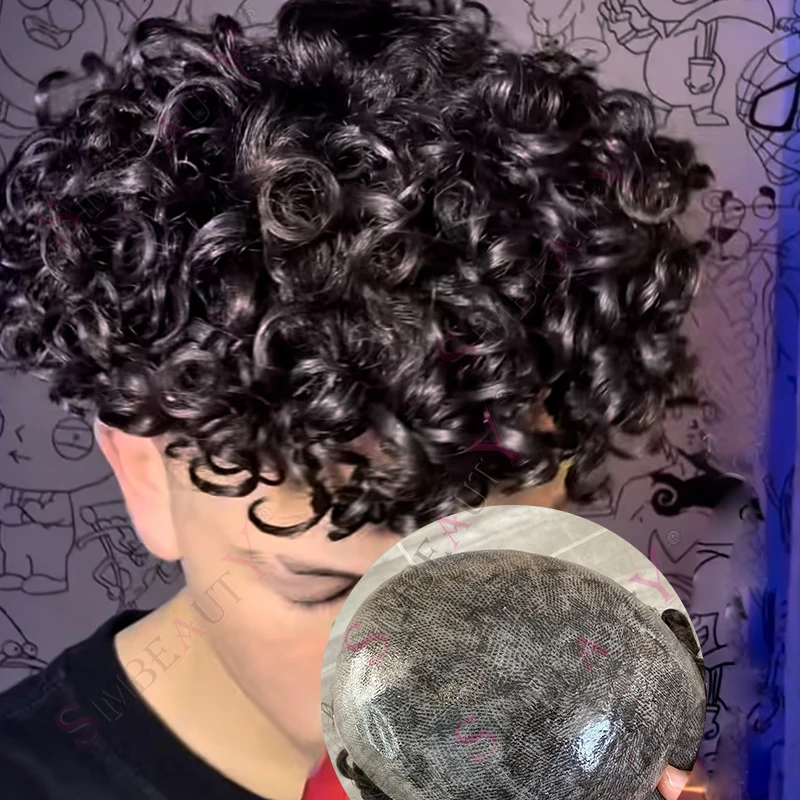 شعر مستعار رجالي فائق التحمل مقاس 20 مم، خط شعر طبيعي مجعد، شعر بشري قابل للإدارة، بشرة بولي # 1 جيت بلاك براون شعر صناعي