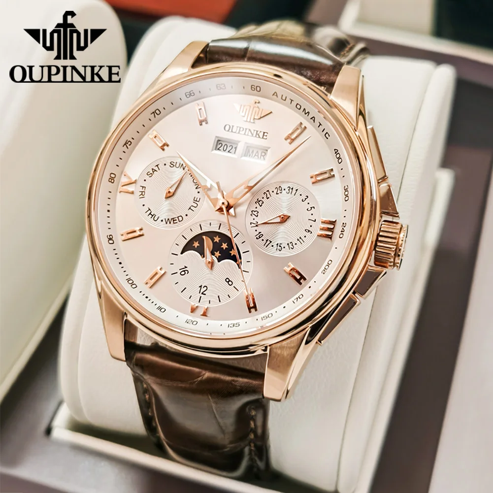 

OUPINKE Luxury Brand Watches for Men Automatic Mechanical Watches Genuine Leather Band Waterproof Moon Phase Men's Wristwatches