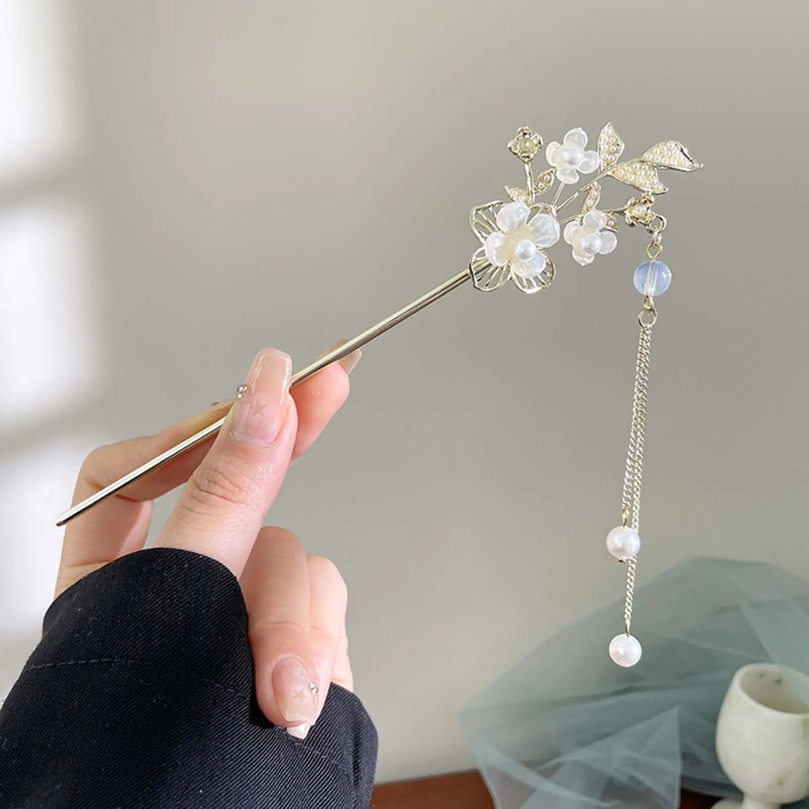 Vintage Pearl Hair Stick Chignon Hairpin For Women Long Tassel Floral Hair Clasp Chopstick Chinese Cheongsam Hair Bun Jewelry