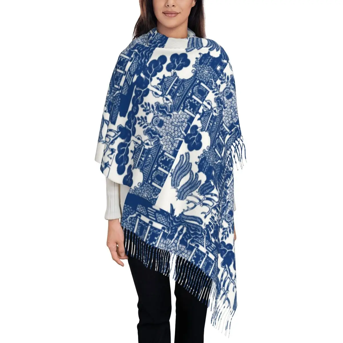 Blue Willow Chinoiserie Scarf Tassel Scarves for Women Soft Warm Shawls and Wraps Long Fall Winter Shawl Wrap