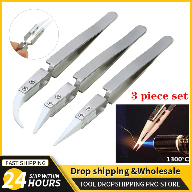 1/3pcs Ceramic Tweezer for Solder Stainless Steel  Anti-Static Reverse Acid Resistant Electron Precision Chuck Ceramic Tweezers