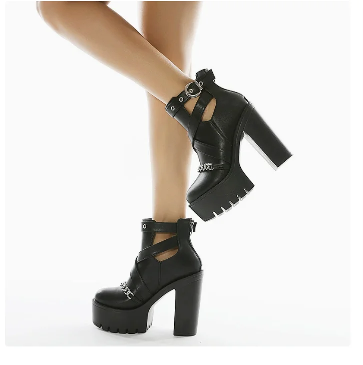 

New Autumn Winter Black Thick High Heel Ankle Boots Women Motorcycle boots Fashion Elegant Short Buckle Decoration Leather Boots