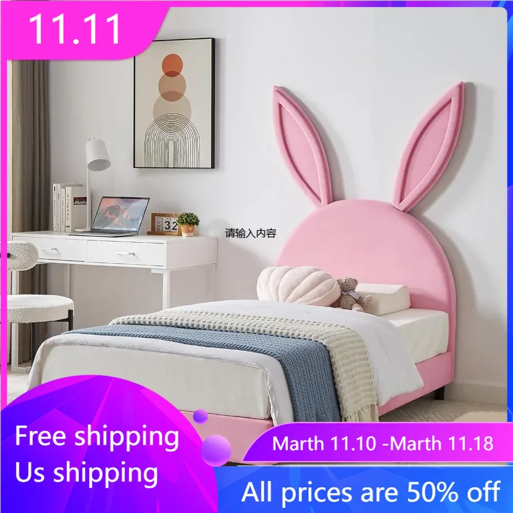 

Children's single bed frame, padded headboard, pink girl princess bed with 12 flat supports, children's bed