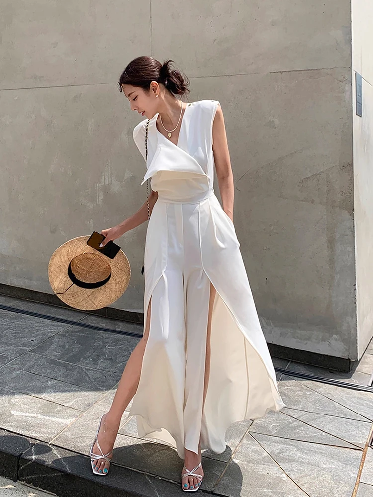 

Шифоновый комбинезон на бретелях с разрезом, женские летние новые повседневные длинные брюки с высокой талией и широкими штанинами, модный ансамбль для поездок на работу