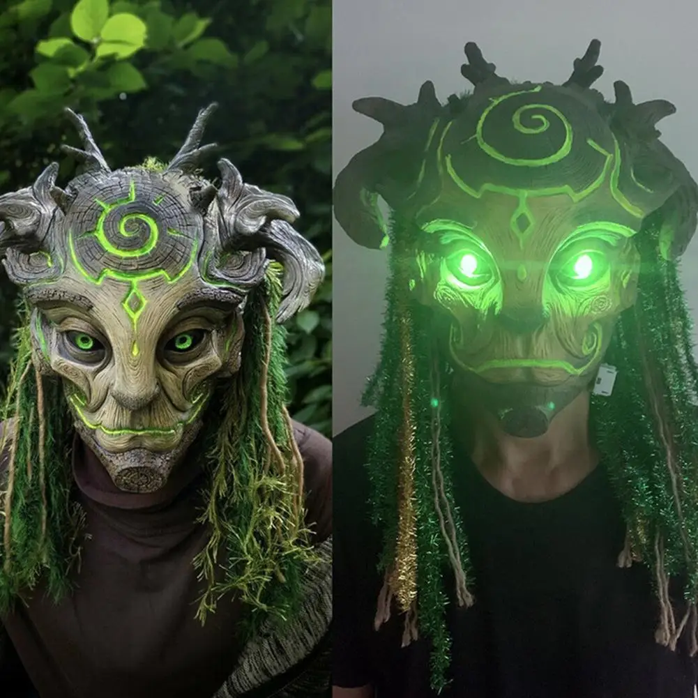 Halloween Forest Spirit Elf Masque LED Horror Headdress Cosplay Green Elf Old Man Headgear Realistic Costumes for Party