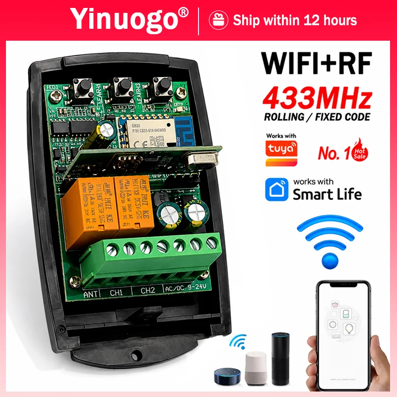 

Works With Tuya Smart Switch Module Universal 433MHz Garage Door Remote Control Receiver 433.92MHz 2CH 10A Wifi Gate Controller