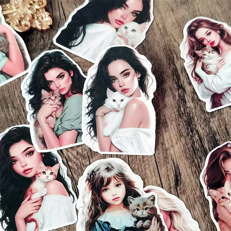 A Girl Holding A Cat Handbook Cute Girl Stickers Decorative Small Pattern Ins Mobile Phone Diy Photo Album Material  Stationery