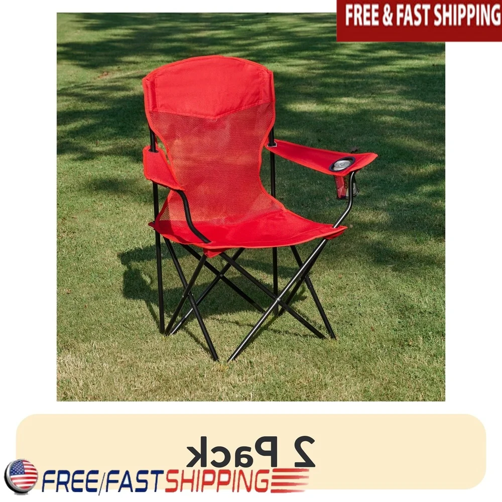 

2 Pack Lightweight Foldable Mesh Chair with Cup Holder Portable Outdoor Quad Chair Camping Tailgating Events Durable Steel Frame