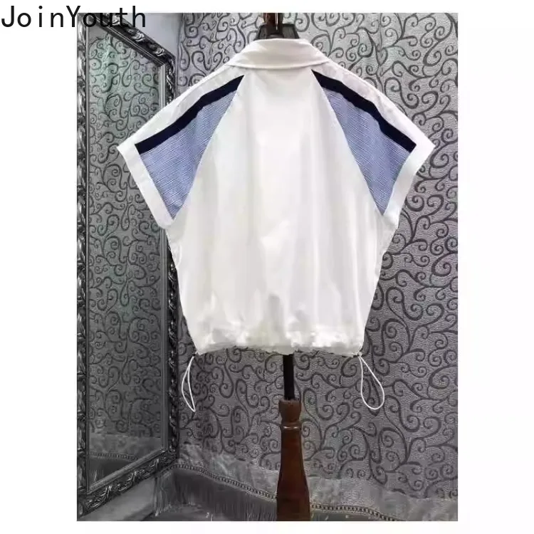 Summer Zipper Blouses for Women Contrast Color Short Sleeve Crop Tops 2024 Blusas De Mujer Fashion Casual Drawstring Y2k Shirts