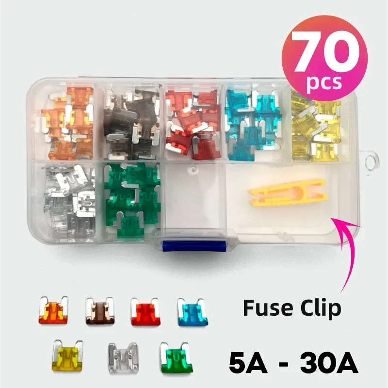 70pcs Mini Zinc Car Fuse Set 7 Sizes 5A 7.5A 10A 15A 20A 25A 30A with Fuse Clips for Reliable Automotive Electrical Protection