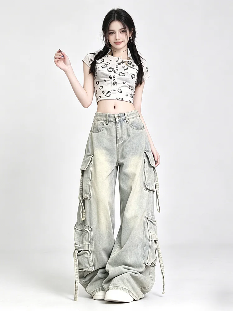 Women's Blue Multi Pocket Cowboy Pants Cargo Y2K Japanese Harajuku