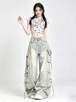Women's Blue Multi Pocket Cowboy Pants Cargo Y2K Japanese Harajuku Streetwear Aesthetics Retro 90S Jeans Pants Clothing 2025 New 3