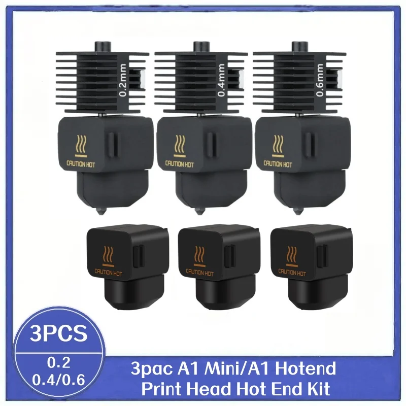 

3PCS A1 Mini/A1 Hotend Print Head Hot End Kit 0.2+0.4+0.6 Extruder Upgrade Hardened Steel Nozzle for Bambu Lab 3D Printer
